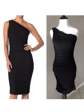 Black ruched side one shoulder midi dress